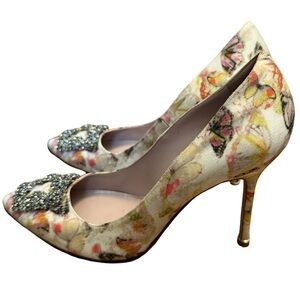 Manolo Blahnik Hangisi Multicolor Floral Heels with Embellishments Size 40